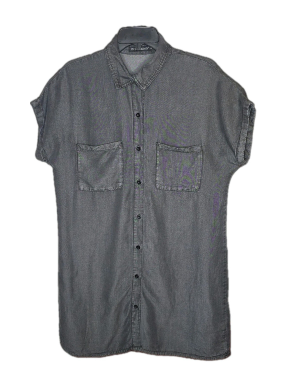 Zilcremo Women’s Utility Shirt Dress Large Gray Button Front Short Sleeve Pocket